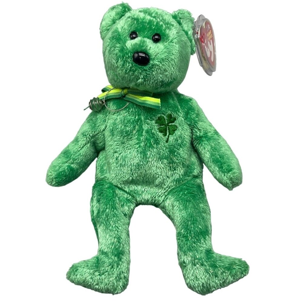 TY dublin bear green 2002 bow clover beanie buddie collection soft 8" plush READ